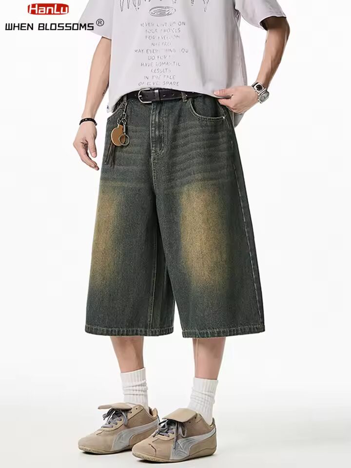 2025 Summer Men's Wide Leg Jeans Shorts Vintage Distressed Wash Y2K Straight Elastic Waist Loose Casual Relaxed Fit