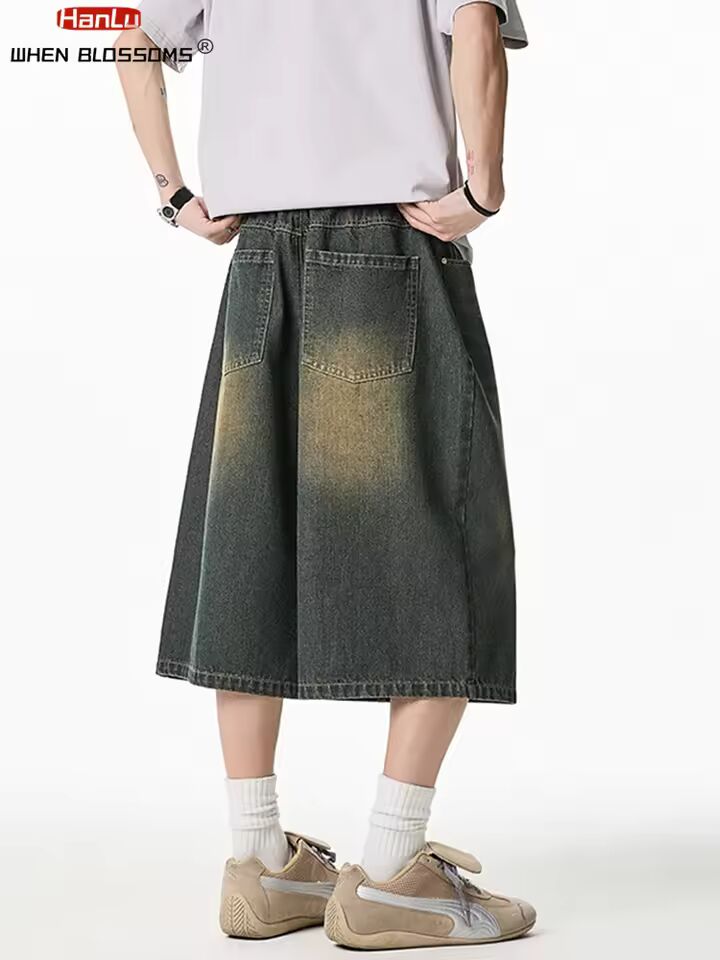 2025 Summer Men's Wide Leg Jeans Shorts Vintage Distressed Wash Y2K Straight Elastic Waist Loose Casual Relaxed Fit