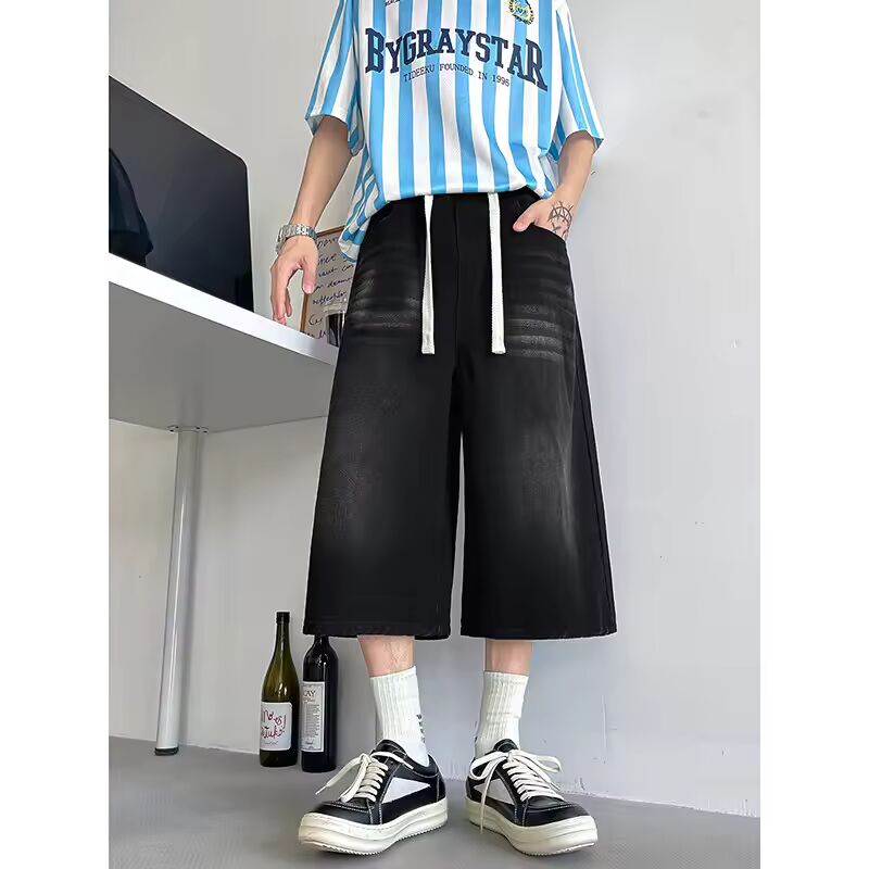 Loose Fit Cropped Jeans Elastic Drawstring Waist Stretch Denim Casual Wear Comfort Men Baggy Denin pants man 2023 Fashion Trendy