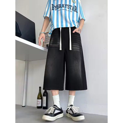 Loose Fit Cropped Jeans Elastic Drawstring Waist Stretch Denim Casual Wear Comfort Men Baggy Denin pants man 2023 Fashion Trendy